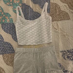Pacsun White Cropped Tank Top with Blue Micro-Print and aerie lace bottoms
